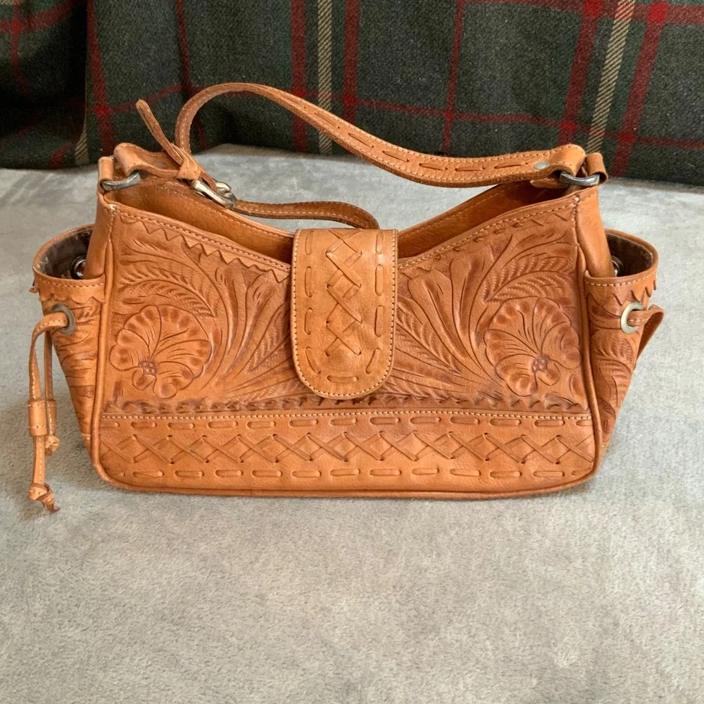 American West Hand Tooled Leather Bag and Wallet Set Tan Floral Cottagecore